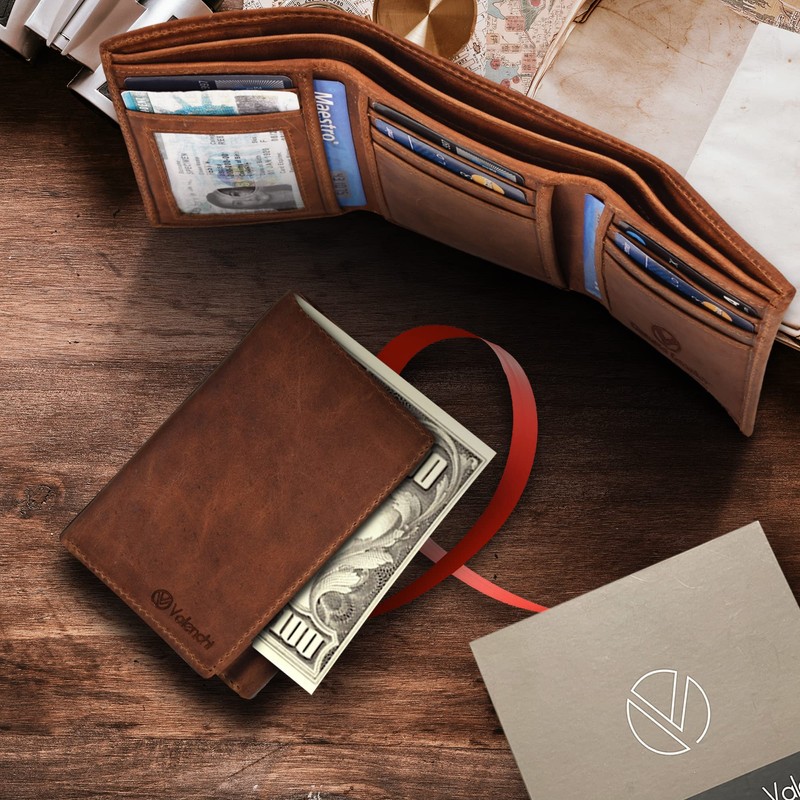 VALENCHI Leather Trifold Wallet For Men - RFID Blocking -