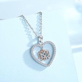 CRWENG Lotus Necklaces for Women 925 Sterling Silver Lotus Flower Pendant Necklace Lotus Yoga Pendant Jewelry for Women Birthday Christmas Gifts for Wife Mom, Sterling Silver, Cubic Zirconia