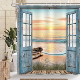 Dazzlewall Duschvorhang Ozean Strand Sonnenaufgang Küstenszene Blaue Holztür Badezimmer Vorhang 180x180cm, Wasserdicht Anti-Schimmel Stoff mit 12 Haken