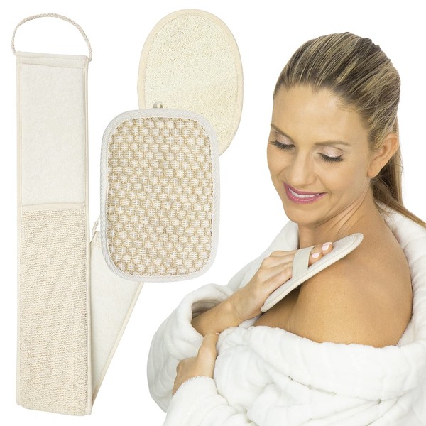 Vive Loofah Body Scrubber Set (3) - Back Scrubber for Use In Shower - Sponge Brush Pack For Exfoliating and Wash Back, Scalp, Face - Soft Luffa with Handle And Soap Holder - Men, Women, Elderly