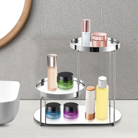 Xuthusman Bathroom Organizer Countertop, 3 Tiers Cosmetics Display Rack Freestanding Lipstick Trinkets Display Shelf Countertop Makeup Storage Organizer Mirror Perfume Tray Decor (Silver)