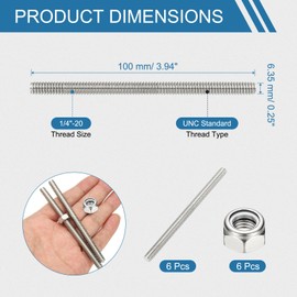 PATIKIL 1/4"-20 UNC Fully Threaded Rod, 3.94" Length 304 Stainless Steel Right Hand Long Thread Bar Studs with Nuts for Pipes Clamps Hangers U-Bolts 6Pcs
