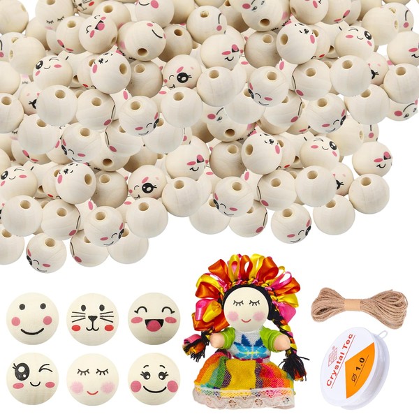 ZIOYA Pack of 120 Smile Wooden Beads with Face Worry Wiirmchen 20 mm Round Beads with Face Worm Heads with 6 Metres Elastic Rope (1 mm) for DIY Crafts
