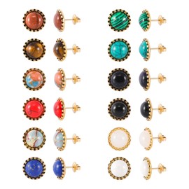 JUSTJANDM 12 Pairs Multi Gemstone Stud Earrings Gold Plated Stainless Steel Turquoise Tiger Eye Onyx Lapis Lazuli Malachite Stone Stud Earrings Set for Women (Gold 8mm)