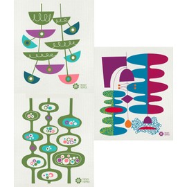 Trendy Tripper Reusable Swedish Dishcloths/Sponge Cloths, Set of 3 Mid-Century Modern Designs (Pods, Slicers + Pendants) by Jenn Ski - Assorted Colors (Green/Turquoise/Purple)