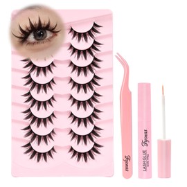 Fyonas Manga Lashes Spiky False Eyelashes Anime Fake Eyelashes Natural Look 8-15mm Volume Lashes Wet Look 8 Pairs Lash Kit with Lash Glue and Tweezers (Anime)
