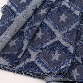 10 oz Star Pattern Denim Jacquard Fabric,Deep Blue,Non-Stretch,Water-Washed with Fringe Detail,170cm Width for Jeans,Jackets & DIY Sewing (2 Yard pre Cut)