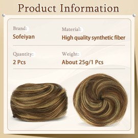 SOFEIYAN 2PCS Mini Claw Clip in Hair Bun Messy Cat Ears Hair Bun Extension Synthetic Donut Wig Accessory Updo Space Bun Hair Pieces for Women Girls, Blonde & Medium Brown
