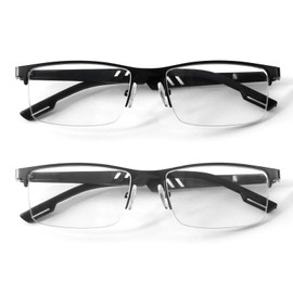 MMOWW 2 Pack Metal Half Frame Reading Glasses for Men Aluminum Magnesium Arms Spring Hinges, Black/Gunmetal +1.5
