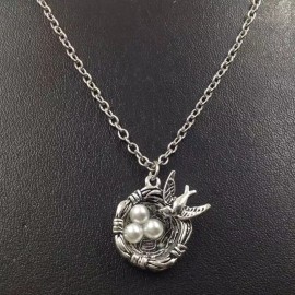 Fashion Jewelry BIRD NEST PEARL white EGGS SILVER  pendant 18" necklace women MOM FREE gift box