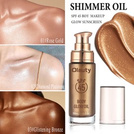 Shimmer Oil, SPF 45 Sunscreen Body Makeup Waterproof No Transfer Body Luminizer Lotion Glow for Women, Liquid Illuminator Bronzer, Long-lasting, Radiance Skin (02#Diamond Platinum)