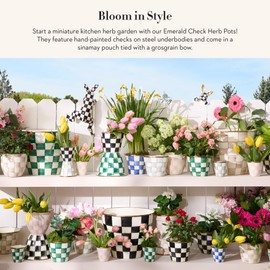 MACKENZIE-CHILDS Enamel Herb Pots, Small Plant Pots for Herbs or Flowers, Set of 3, Green-and-White Emerald Check