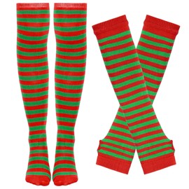Tongcloud Christmas Womens Socks Striped Knee High Socks Arm Warmer Fingerless Gloves Set Over Knee Thigh High Socks Arm Warmer Gloves(Green and Red)