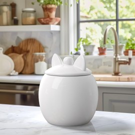 Barnyard Designs Large Cat Treat Container Airtight, Cute Cat Treat Jar, Large Cat Treat Containers with Lids, Rustic Cat Treat Storage Container, Ceramic Treat Jars for Kitchen Counter, White (Cat)