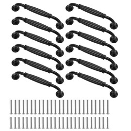 Kyrio 12 Pieces Black Cabinet Door Handles European Aluminum Door Handles for Cabinet Doors Hardware Matte Black Drawer Handles Long Arch Shape Pull Handles Hole Center 128mm