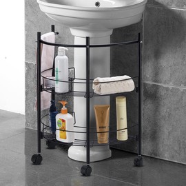 L&H UNICO Pedestal Under The Sink Rack with 2 Storage Shelves Metal Bathroom Organizer with Wheels and Towel Holder, Black