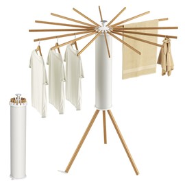 SUNOUTLY Tripod Clothes Drying Rack, Garment Rack Portable and Foldable Space Saving Laundry Drying Rack - Dryer Rack Clothing Floor Folding Balcony Bedroom Household (Beige(Wood), 16 rods)