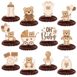 Bencailor 12 Pcs Neutral Cream Bear Baby Shower Honeycomb Centerpieces Bear Table Decorations Bear Baby Shower Decorations Baby Shower Table Centerpieces Table Toppers for Baby Shower Birthday Party
