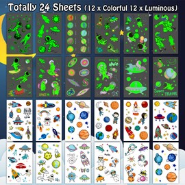 Leesgel 24 Sheets Tattoo Boys Space Luminous Space Children's Tattoos Stickers Children's Tattoo for Space Children's Birthday Party Favours Space Gift Children Boys Planets Toy