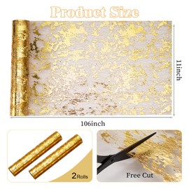 2 PCS Gold Table Runner, 11x106 Inch Glitter Metallic Mesh Table Runners Roll, Sparkly Gold Foil Table Decorations Centerpiece for Bridal Wedding Birthday Party Christmas