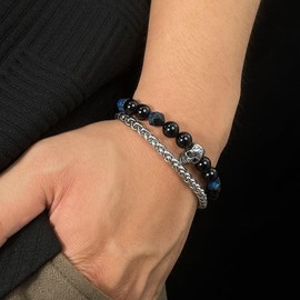 Raymard Mens Skull Beaded Bracelet, 8.3" 8MM Lapis Lazuli Black Bead Link Bracelet for Men,with Lobster Clasp