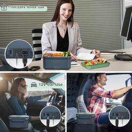 Vingud Electric Lunch Box 100W, 4 in 1 Heated Lunch Box for Adults, Heating Lunch Box for Work/Car/Truck with Fork Spoon and 1.8L Stainless Steel Container, 12V 24V 110V 220V, Dark Gray