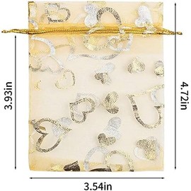 KIMOBER 100pcs Organza Gift Bags,Golden Heart Gift Wrap Bags with Drawstring Small Mesh Bags for Wedding Jewelry Baby Shower Party Favour Supply,3.5 X 4.7 Inch,Golden Heart