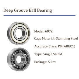 Kozelo 5Pcs 607Z Deep Groove Ball Bearing-[7mm x 19mm x 6mm] Single Shield Bearing for Industrial Equipment, Motors, Machines, Stainless Steel