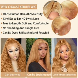KERUISI 36 Inch Honey Blonde Wig Human Hair 200% Density 13x6 Body Wave Pre Plucked Glueless HD Transparent Lace Frontal Wigs Human Hair for Women