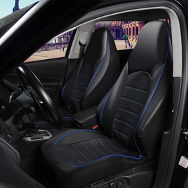 TOYOUN Classic Universal PU Leather Car Front Seat Covers High Back Bucket Seat Cover - Fit Most Cars, Trucks, SUVS, or Vans 2 PCS Blue Trim Auto Seat Covers Set Car Seat Protector for All Seasons