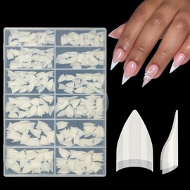 BXKM 504 Pcs Short Stiletto Nail Tips, 12 Sizes Pre-shape Gel Acrylic Clear Half Cover Fake Nail Tips for Extension Home DIY Salon