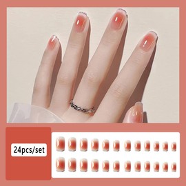 Wedity 24 PCS Short Nail Stickers Ice Translucent Yellow and Blue French Fake Nail Stickers Press on False Nails Daily Wear Artificial Nails False Nails (B)