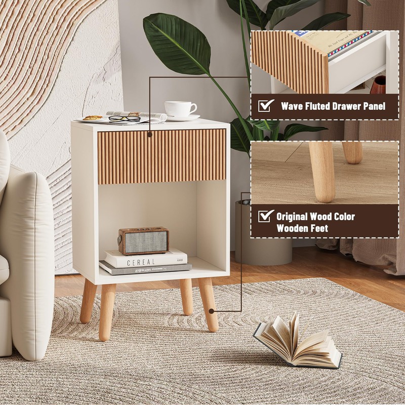 Fluted Nightstand, Modern Bedside Table with Storage Drawers and Open