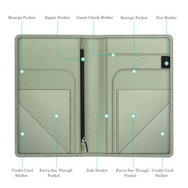 Server Book Organizer with Zipper Pocket, Fintie PU Leather Restaurant Guest Check Presenters Card Holder for Waitress, Waiter, Bartender (Sage Green)