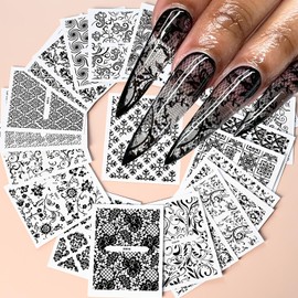30 Sheets Black Flowers Nail Art Stickers 3D Self -Adhesive Black Floral Leaves Nail Decals Holographic Blossom Totem Nail Stickers Lace Flowers Nail Decals Decoration for Women Manicure Supplies