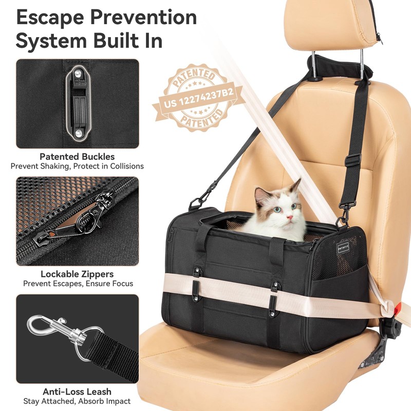 PETSFIT Cat Car Carrier for Small/Medium Cats Dogs, 18"x11"x11" Airline