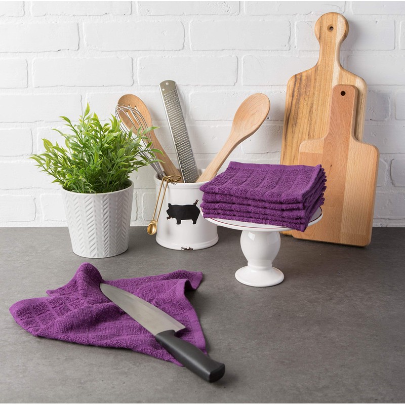 DII Basic Terry Collection Solid Windowpane Dishcloth Set, 12x12, Eggplant,