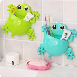 Kids Toothbrush Toothpaste Holder Wall Mounted Cute Cartoon Frog Shaped Suction Cup Bathroom Storage Organiser for Decorations