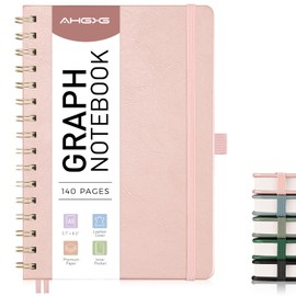 AHGXG Graph Paper Notebook - Spiral Notebook Hardcover Leather Journal 140 Pages, A5 Grid Paper Notebook 5.7" x 8.3", 100 gsm Thick Paper, for School Writing Graphing Engineering, Rose Gold