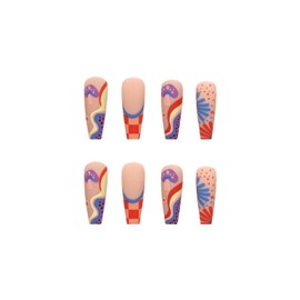 MISUD Press on Nails - Long Coffin Glue on Nails with Matte, Acrylic Colorful Checkered Design 24 pcs