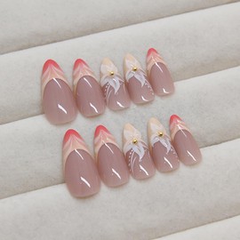 24 Pcs Medium Length Press on Nails Almond Fake Nails 3D Water Ripple RIICFDD French False Nails Orchid Stick on Nails Pink Gradient Full Cover Glue on Nails for Women Acrylic Nails