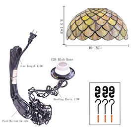AVIVADIRECT Tiffany Pendant Light Plug in Stained Glass Hanging Lamp Wide 10 Inch, Chain 33 Inch, Cord 15 Feet (Brown Fish Scales)
