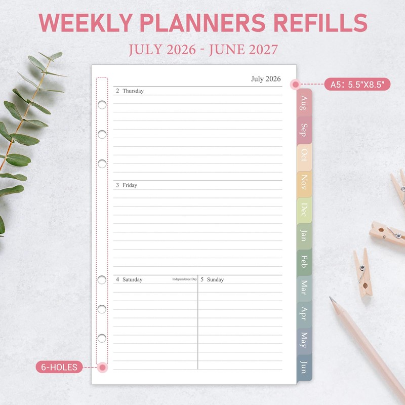 2026-2027 Weekly & Monthly Planner Refill for 6 Hole, 5.5"x8.5"