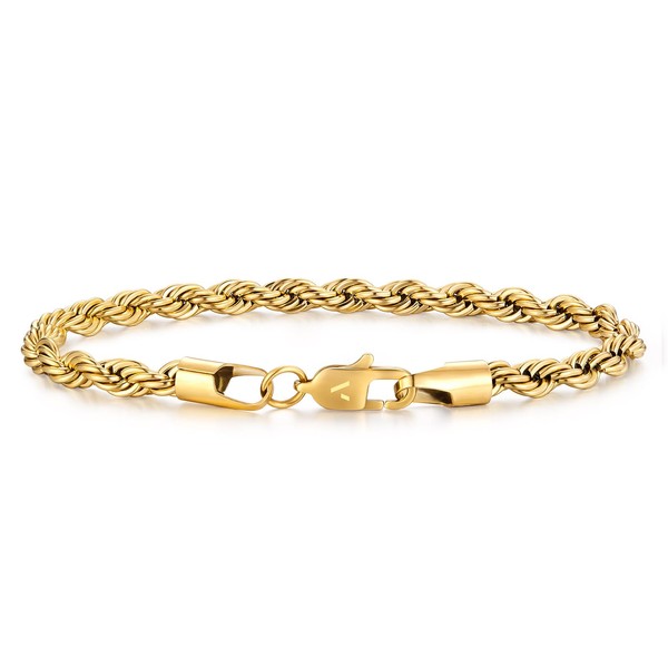 VEXXS Rope Chain Bracelet for Men, 18K Real Gold Plated