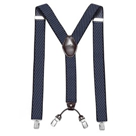 DonDon Men's Braces Extra Strong 3.5 cm Wide with 4 Braces Clips in Y-Shape and Brown Leather Patch, Striped Blue Black