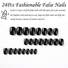 Short Square Black False Nails, 24Pcs Pure Color Press on Nails, Glossy Black Fake Nail, Full Cover Acrylic Stick on Nails, French Nail Tips with Nail Glue for Women Girls Nails Art
