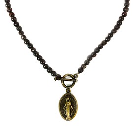 DALIA LORRAINE Catholic Virgin Mary Virgin Mary Our Lady of Graces Medal Necklace for Women, Religious Jewelry, Bronzite Stone Beads, Front Toggle Clasp