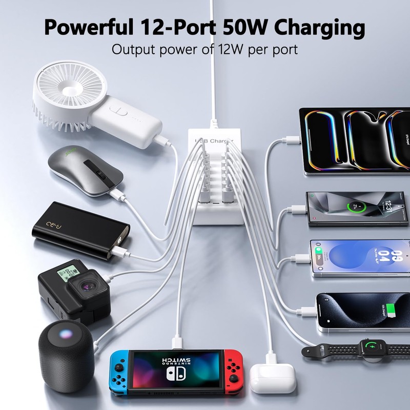 USB Charger Station 50W(10A) 12 Ports,USB Desktop Charging,Multiple Charging Block,USB