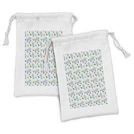 Ambesonne Tropical Fabric Pouch Set of 2, Pineapples Hawaiian Flowers Areca Palm and Monstera Leaves Graphic, Small Drawstring Bag for Toiletries Masks and Favors, 9" x 6", Petrol Blue Yellow Pink