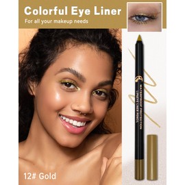 Gold Glitter Eyeliner Pencil, Multi-Use Shimmer Colored Gel Eyeliner Waterproof, Smudge-Proof Long Wear Waterline Eye Liner Pen with Sharpener, Smooth Cream High Pigmented Eye Makeup for Stage-12